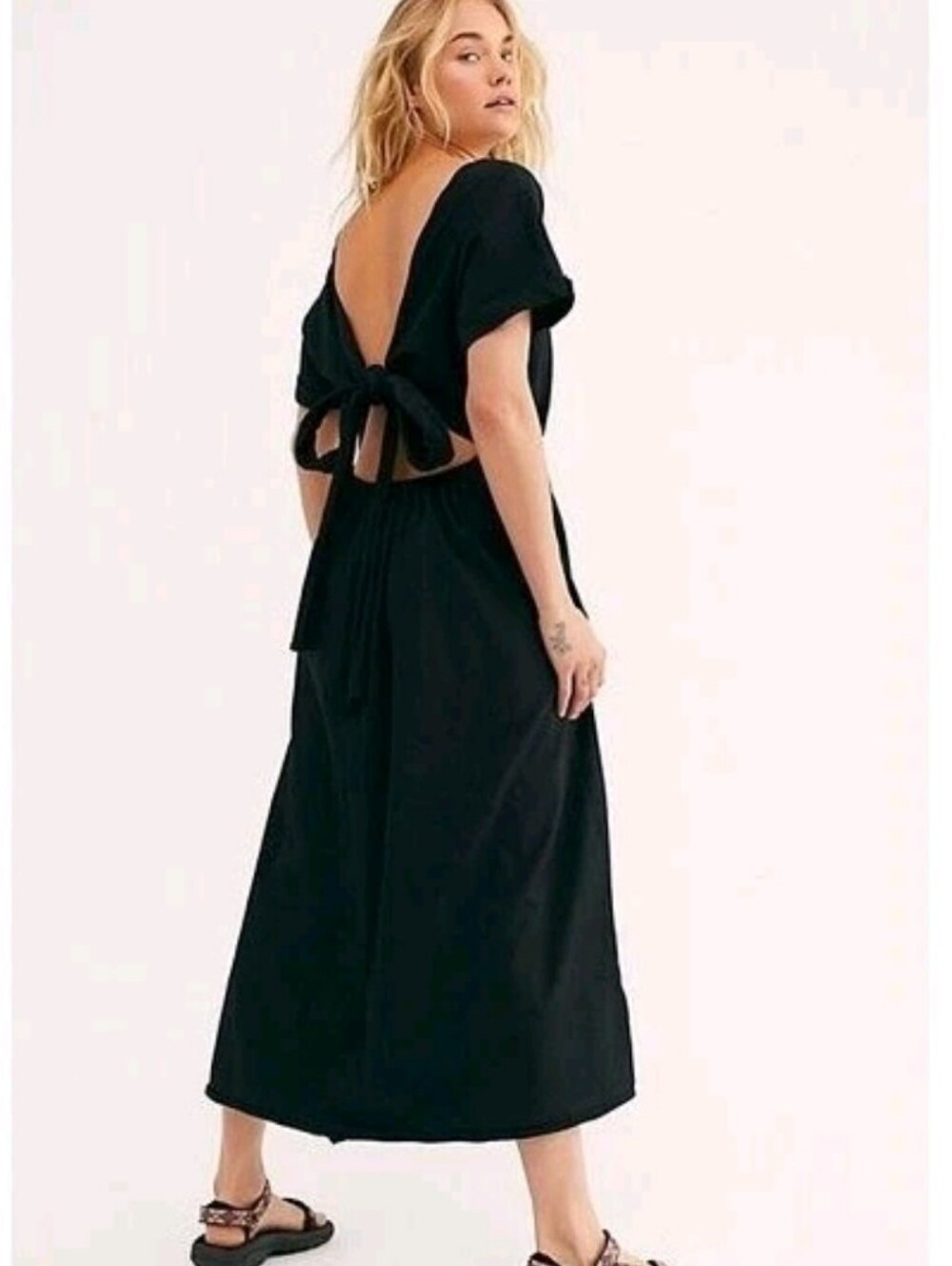 NWT Free People Beach Sorrento Black Cotton Tie Back Midi Dress Short Sleeve XS